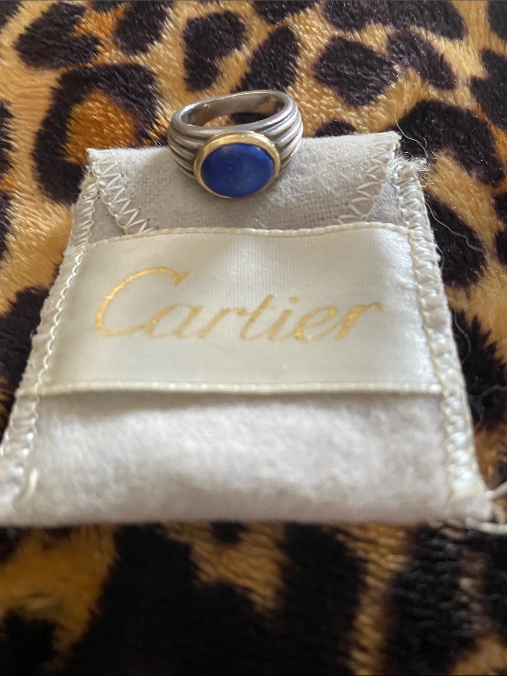 Vintage Cartier SS Lapis Blue Cabochon Ring with Gold Bezel